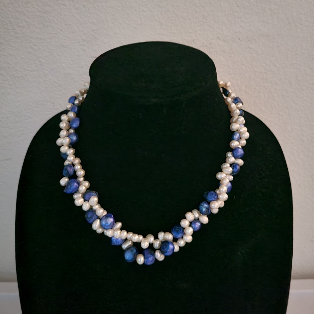 White Drop Freshwater Pearls Accented By Blue Borque Pearls Necklace  New